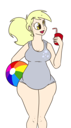 Size: 700x1250 | Tagged: dead source, safe, artist:bigponiesinc, derpy hooves, human, g4, aderpose, alternate hairstyle, beach ball, belly, bendy straw, breasts, busty derpy hooves, chubby, cleavage, clothes, cute, cutie mark on clothes, derpabetes, drink, drinking straw, fat, female, freckles, humanized, one-piece swimsuit, open mouth, plump, ponytail, simple background, smiling, solo, swimsuit, transparent background, wide hips