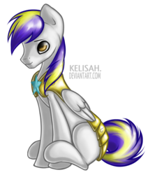 Size: 2000x2356 | Tagged: safe, artist:kelisah, oc, oc:juby skylines, pegasus, pony, high res, looking at you, royal guard, sitting, smiling