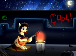 Size: 2300x1700 | Tagged: safe, artist:zoruanna, oc, oc only, oc:candlelight, clothes, fire, graffiti, guitar, moon, night, scarf, solo, spider web, stars