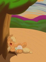 Size: 960x1280 | Tagged: safe, artist:tailscorra, applejack, earth pony, pony, g4, diaper, female, needs more jpeg, non-baby in diaper, poofy diaper, solo, sunset, tree, yawn