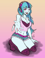 Size: 2550x3300 | Tagged: safe, artist:enyoiyourself, sonata dusk, equestria girls, g4, my little pony equestria girls: rainbow rocks, breasts, busty sonata dusk, cleavage, clothes, daisy dukes, female, headphones, high res, midriff, necklace, ring, shorts, smiling, solo