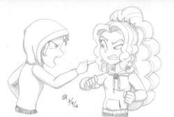 Size: 900x605 | Tagged: safe, artist:mayorlight, adagio dazzle, sunset shimmer, equestria girls, g4, bad, clothes, hoodie, michael jackson, monochrome, pencil drawing, traditional art