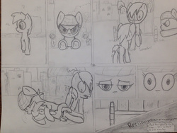 Size: 1280x960 | Tagged: safe, artist:mranthony2, oc, oc only, oc:koma, comic:koma in a coma, bandana, cancer, comic, dialogue, leaping, manehattan, monochrome, saving a life, street, this will end in pain, traditional art, underhoof, wagon, wagon wheel