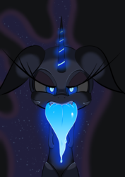 Size: 1447x2047 | Tagged: safe, artist:theobrobine, nightmare moon, g4, drool, female, glowing, long tongue, nightmare mlem, solo, tongue out