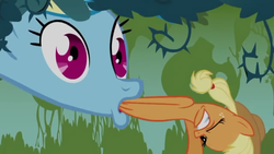 Size: 640x360 | Tagged: safe, screencap, applejack, rainbow dash, bridle gossip, g4, appletini, duo, fetish fuel, micro, preddash, sucking, wat