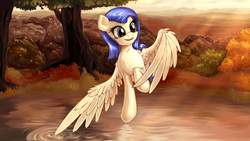 Size: 1280x720 | Tagged: safe, artist:sapsan, oc, oc only, pegasus, pony, bush, nature, solo, spread wings, tree, water, wings