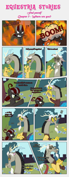 Size: 1919x4918 | Tagged: safe, artist:estories, discord, oc, oc:squeaky pitch, draconequus, earth pony, pony, comic:find yourself, g4, comic, explosion