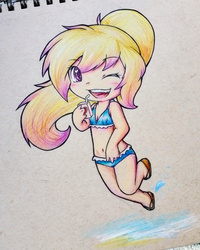 Size: 500x625 | Tagged: safe, artist:gummigator, oc, oc only, oc:love note, human, chibi, clothes, humanized, humanized oc, juice, juice box, looking at you, one eye closed, smiling, solo, swimsuit, wink, winking at you