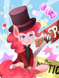 Size: 1300x1700 | Tagged: safe, artist:pika-chany, pinkie pie, g4, charlie and the chocolate factory, chocolate, crossover, female, food, golden ticket, hat, heart eyes, marshmallow, ponka, roald dahl, solo, top hat, willy wonka, wingding eyes