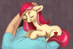 Size: 1500x1001 | Tagged: safe, artist:lis-alis, roseluck, earth pony, human, pony, g4, abstract background, commissioner:doom9454, cute, eyes closed, female, floppy ears, fluffy, mare, petting