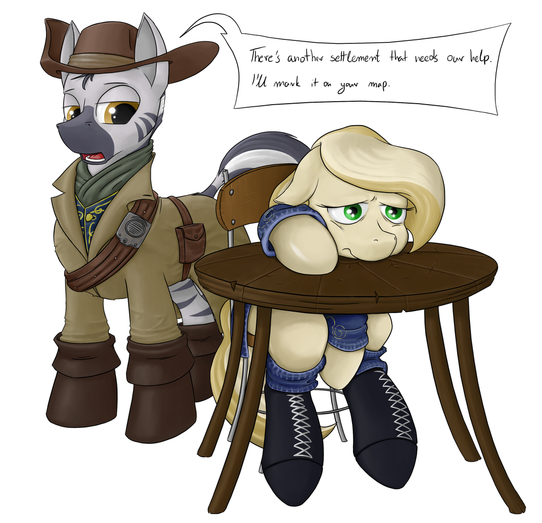 pony, zebra, <b>fallout</b> <b>equestria</b>, /foe/, belt, boots, chair, clothes, coat, d...