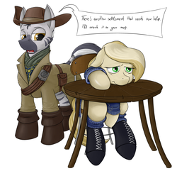Size: 2642x2550 | Tagged: safe, artist:almar, oc, oc:ivory daze, crystal pony, pony, zebra, fallout equestria, /foe/, belt, boots, chair, clothes, coat, dialogue, fallout, fallout 4, hat, high res, ponified, preston garvey, table, uniform