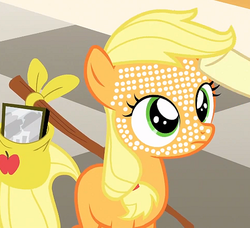 Size: 650x592 | Tagged: safe, edit, edited screencap, screencap, applejack, g4, the cutie mark chronicles, filly, freckles, photo, picture frame, trypophobia, wat, why