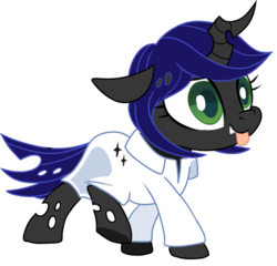Size: 538x517 | Tagged: safe, artist:pepooni, oc, oc only, oc:dark matter, changeling, chibi, clothes, lab coat, solo