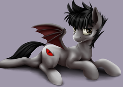 Size: 4092x2893 | Tagged: dead source, safe, artist:tres-apples, oc, oc only, oc:thunder wave, pony, vampony, fangs, prone, solo, spread wings