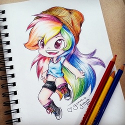 Size: 1028x1028 | Tagged: safe, artist:gummigator, rainbow dash, human, g4, belly button, chibi, clothes, colored pencil drawing, converse, female, heart eyes, humanized, midriff, shoes, solo, tank top, traditional art, wingding eyes