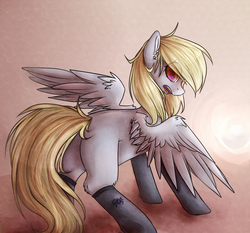 Size: 1398x1305 | Tagged: safe, artist:kilamuri, derpy hooves, pegasus, pony, g4, butt, clothes, female, mare, missing cutie mark, plot, socks, solo, spread wings