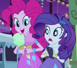 Size: 820x720 | Tagged: safe, screencap, pinkie pie, rarity, equestria girls, g4, perfect day for fun, balloon, bracelet, cropped, food, ice cream, jewelry, rarity looking at food
