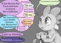 Size: 1280x905 | Tagged: safe, artist:silfoe, applejack, fluttershy, pinkie pie, princess luna, rainbow dash, rarity, spike, twilight sparkle, alicorn, pony, royal sketchbook, g4, camera, dancing, dialogue, drunk, female, mane seven, mane six, mare, offscreen character, partial color, recording, solo focus, twilight sparkle (alicorn)