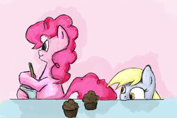 Size: 1219x812 | Tagged: safe, artist:red, derpy hooves, pinkie pie, pony, g4, bipedal, eyes on the prize, food, muffin