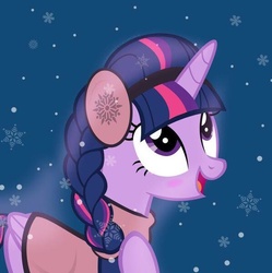 Size: 598x601 | Tagged: artist needed, safe, twilight sparkle, alicorn, pony, g4, alternate hairstyle, braid, earmuffs, female, mare, snow, snowfall, solo, twilight sparkle (alicorn)