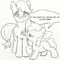 Size: 1296x1296 | Tagged: safe, artist:huckleberrypony, apple bloom, applejack, g4, hilarious in hindsight, monochrome, traditional art