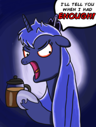 Size: 2512x3320 | Tagged: safe, artist:saburodaimando, princess luna, bobby hill, caffeine, coffee, female, food, hyperactive, insanity, king of the hill, luna found the coffee, luna loves coffee, solo, this will end in tears
