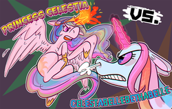 Size: 1000x631 | Tagged: safe, artist:stevetwisp, princess celestia, g4, c-belle, celestabellebethabelle, crossover, fight, gravity falls, male, pony falls, the last mabelcorn, this will end in tears and/or death