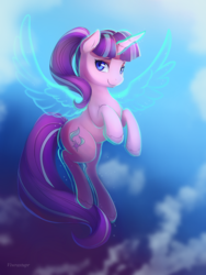 Size: 1600x2133 | Tagged: safe, artist:viwrastupr, starlight glimmer, pony, unicorn, g4, artificial wings, augmented, female, flying, lidded eyes, looking at you, magic, magic wings, mare, smiling, solo, spread wings, wings