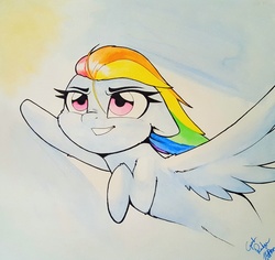 Size: 2243x2117 | Tagged: safe, artist:captainpudgemuffin, rainbow dash, pegasus, pony, g4, commission, female, flying, high res, smiling, solo, traditional art