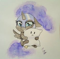 Size: 2141x2117 | Tagged: safe, artist:captainpudgemuffin, nightmare moon, alicorn, pony, g4, :3, biting, commission, cute, female, filly, floppy ears, frown, glare, high res, moonabetes, nightmare woon, pillow, pillow hug, sitting, solo, traditional art