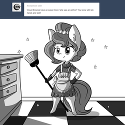 Size: 1296x1296 | Tagged: safe, artist:tjpones, oc, oc only, oc:brownie bun, earth pony, anthro, unguligrade anthro, horse wife, anthro oc, apron, bipedal, broom, clothes, cute, ear fluff, female, gloves, grayscale, hand, hooves, monochrome, skirt, solo, sparkles, stars, this will end in fire, tumblr, what has science done, xk-class end-of-the-world scenario