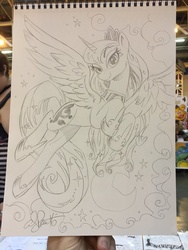 Size: 600x800 | Tagged: safe, artist:andy price, princess luna, g4, female, flying, monochrome, moon, smiling, solo, stars, traditional art