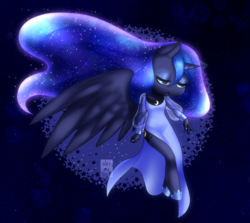 Size: 1280x1143 | Tagged: safe, artist:deizunei, princess luna, alicorn, anthro, unguligrade anthro, g4, clothes, dress, female, lidded eyes, solo