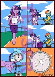 Size: 850x1200 | Tagged: safe, artist:linedraweer, rainbow dash, twilight sparkle, anthro, unguligrade anthro, comic:your time in my hands, g4, broken, clothes, comic, exhausted, falling, jogging, racing, running, shorts, sports shorts, stopwatch, teaser, twilight sparkle (alicorn)