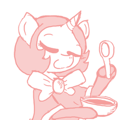 Size: 640x600 | Tagged: safe, artist:ficficponyfic, oc, oc only, oc:joyride, pony, unicorn, colt quest, adult, bowl, bowtie, clothes, eyes closed, female, food, gloves, horn, mage, mare, smirk, smug, soup, spoon, story included