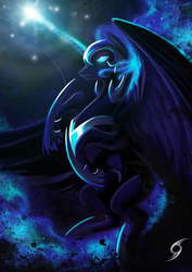 Size: 2480x3508 | Tagged: safe, artist:blackrunewarlock, nightmare moon, alicorn, pony, g4, ethereal mane, female, flying, glowing horn, high res, horn, magic, mare, night, solo, spread wings, starry mane, wings