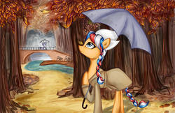 Size: 2362x1535 | Tagged: safe, artist:yuntaoxd, oc, oc only, oc:ember, oc:ember (hwcon), hearth's warming con, bicycle, clothes, forest, mascot, rain, umbrella