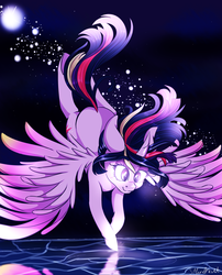 Size: 2100x2600 | Tagged: safe, artist:silbersternenlicht, twilight sparkle, alicorn, pony, g4, female, flying, high res, mare, moon, night, reflection, solo, twilight sparkle (alicorn), water