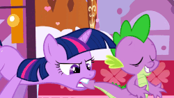 Size: 960x540 | Tagged: safe, edit, edited screencap, screencap, spike, twilight sparkle, dragon, pony, unicorn, g4, green isn't your color, animated, bed, chewing, female, heart, loop, male, mare, out of context, pillow, tail bite, tail chewing