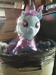 Size: 900x1200 | Tagged: safe, trixie, pony, unicorn, g4, build-a-bear, female, into the trash it goes, irl, mare, photo, plushie, solo, trash, trash can, your waifu is trash