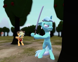 Size: 1280x1024 | Tagged: safe, artist:soad24k, applejack, lyra heartstrings, g4, 3d, gmod, handkerchief, katana, random, sword, weapon, wtf