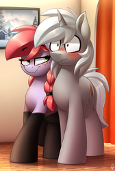 Size: 2017x3000 | Tagged: safe, artist:shinodage, oc, oc only, oc:crab apple, oc:ryo disk, earth pony, pony, unicorn, blushing, braid, clothes, crabdisk, duo, female, flirting, high res, majestic as sod, male, mare, oc x oc, shipping, socks, stallion, straight