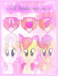 Size: 1024x1350 | Tagged: safe, artist:xrealapplebloomx, apple bloom, scootaloo, sweetie belle, g4, cutie mark, cutie mark crusaders, poster, the cmc's cutie marks, watermark