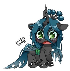 Size: 1024x1043 | Tagged: safe, artist:katuhira_rinmi, queen chrysalis, changeling, changeling queen, g4, blushing, chibi, cute, cutealis, female, solo