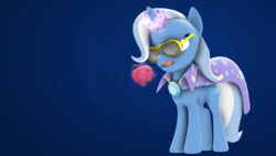 Size: 3840x2160 | Tagged: safe, artist:unconid, trixie, pony, unicorn, g4, 3d, apple, female, food, glasses, high res, licking, licking lips, mare, solo, tongue out