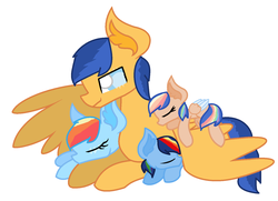 Size: 1024x743 | Tagged: safe, artist:markandjackfangirl, flash sentry, rainbow dash, oc, oc:angel shield, oc:blaze wings, g4, family, female, flashdash, male, offspring, parent:flash sentry, parent:rainbow dash, parents:flashdash, shipping, sleeping, straight