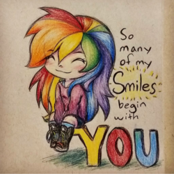 Size: 1080x1080 | Tagged: safe, artist:gummigator, rainbow dash, human, blushing, clothes, converse, female, humanized, motivational, shoes, sneakers, solo, traditional art