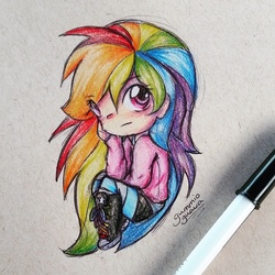 Size: 1049x1049 | Tagged: safe, artist:gummigator, rainbow dash, human, chibi, clothes, converse, female, humanized, shoes, sneakers, solo, traditional art
