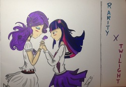 Size: 1023x708 | Tagged: safe, artist:theotakubrony68, rarity, twilight sparkle, g4, anime, female, lesbian, ship:rarilight, shipping, traditional art